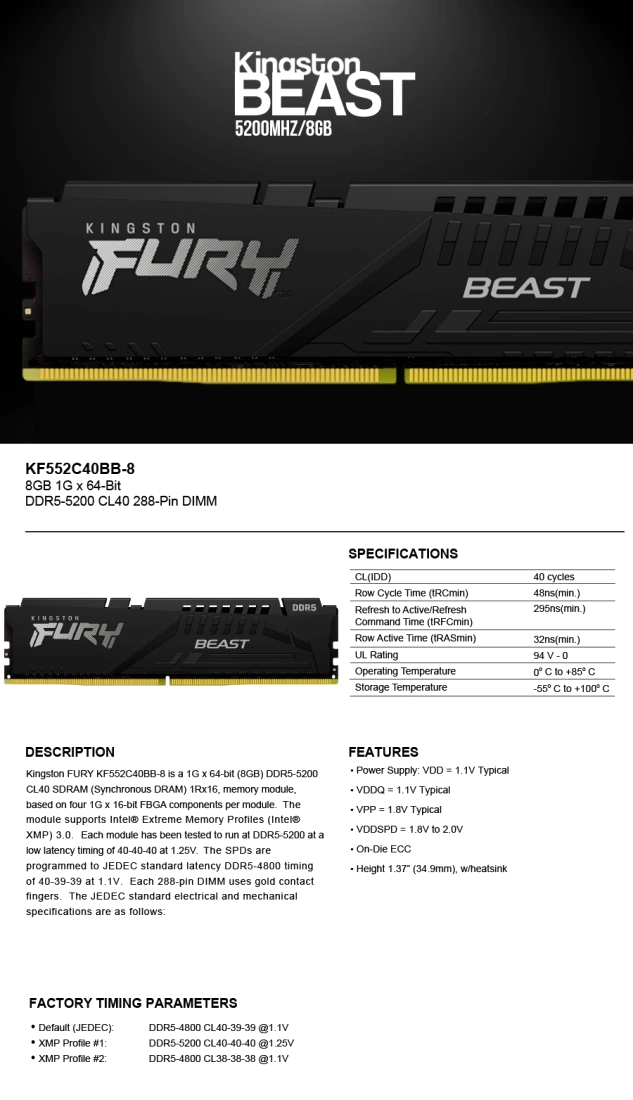 Kingston FURY Beast 8GB DDR5 5200 CL40