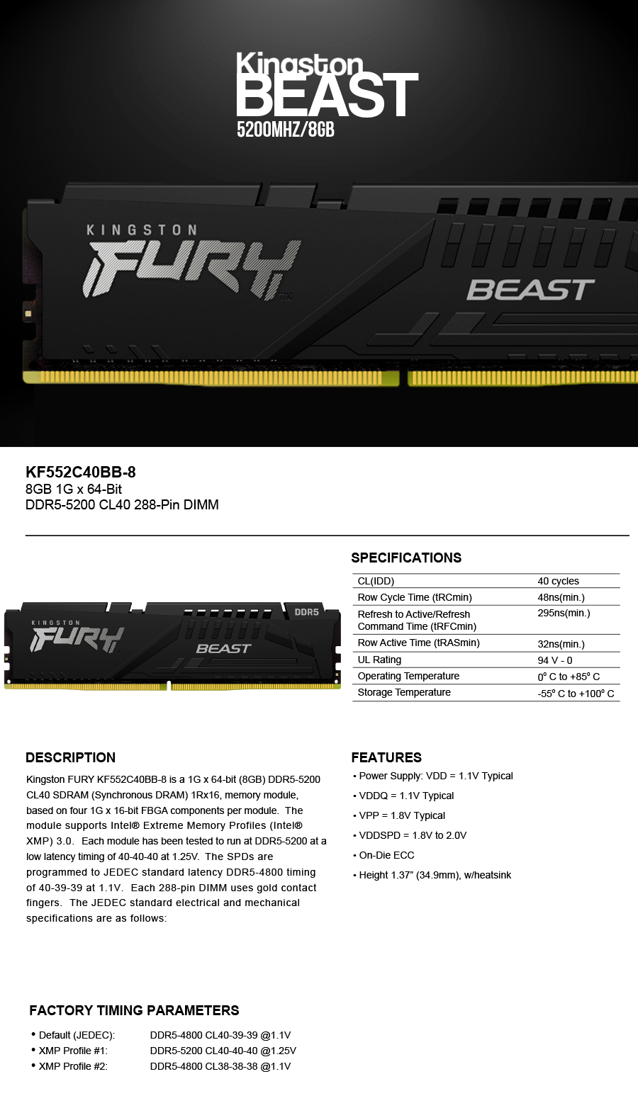 Kingston FURY Beast 8GB DDR5 5200 CL40
