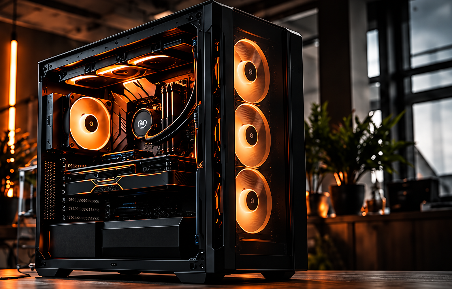 Computador com gabinete de vidro e iluminação laranja, imagem de referência